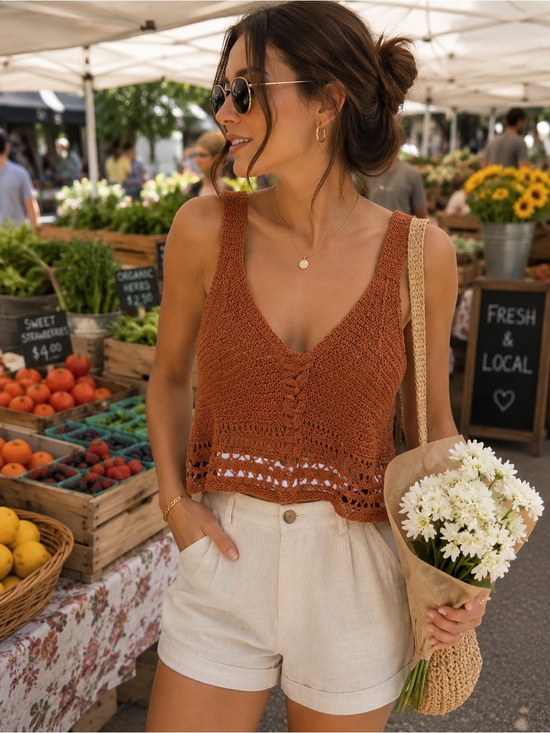 Jolue & Joy Tops - Crochet V-Neck Knit Crop Top in Rust